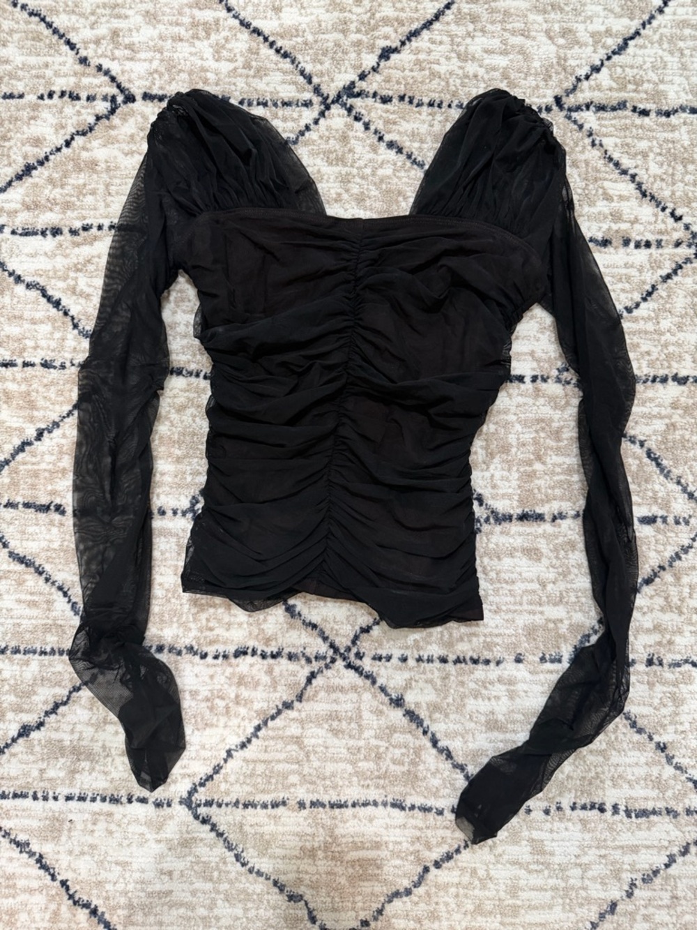 A.L.C. Black Ruched Mesh Long-Sleeve Top